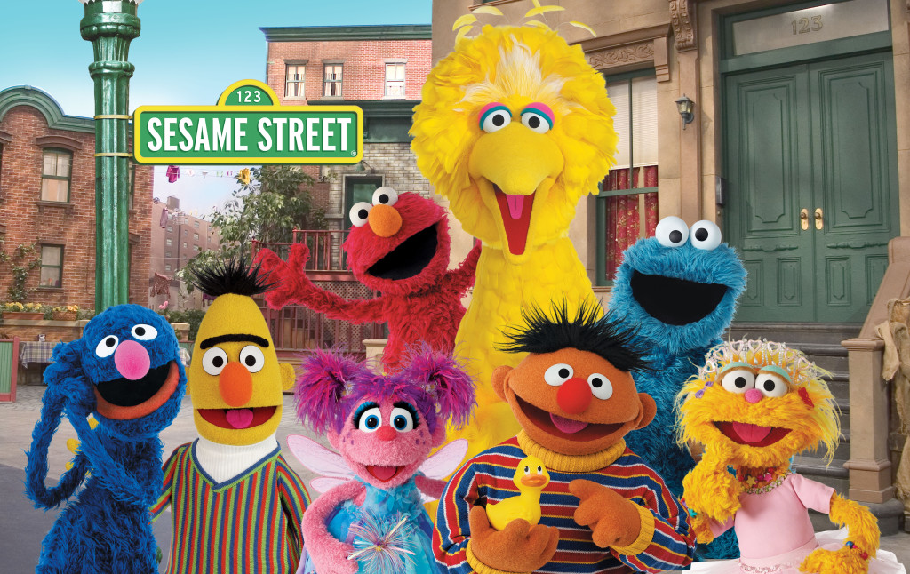 Grover, Bert, Zoe, Elmo, Ernie, Big Bird, Cookie Monster, Abby, together, 3/4 body pose, facing forward.